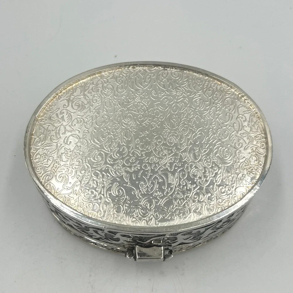 Vintage Oval Silver Plated Jewelry Trinket Box Monogrammed Velvet Lined Keepsake